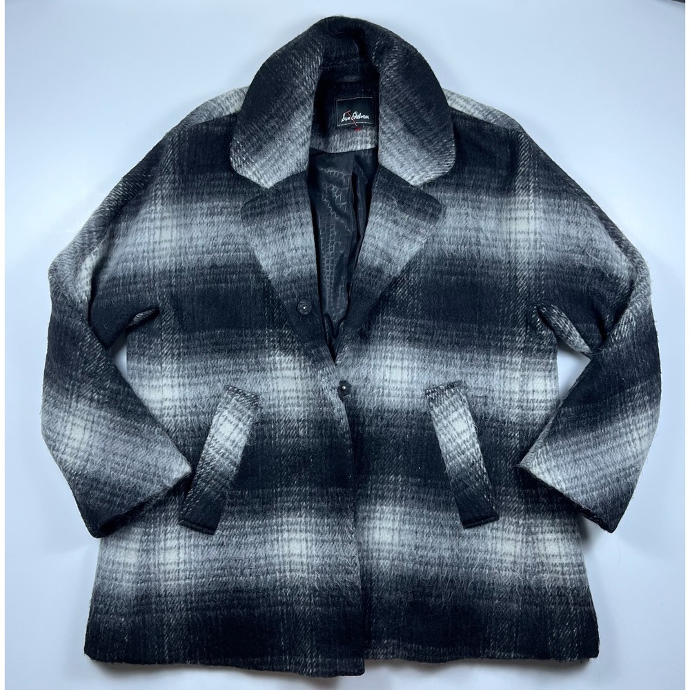 Sam Edelman Womens XL Erin Plaid Preppy Coat Black Grey Fuzzy Textured Jacket